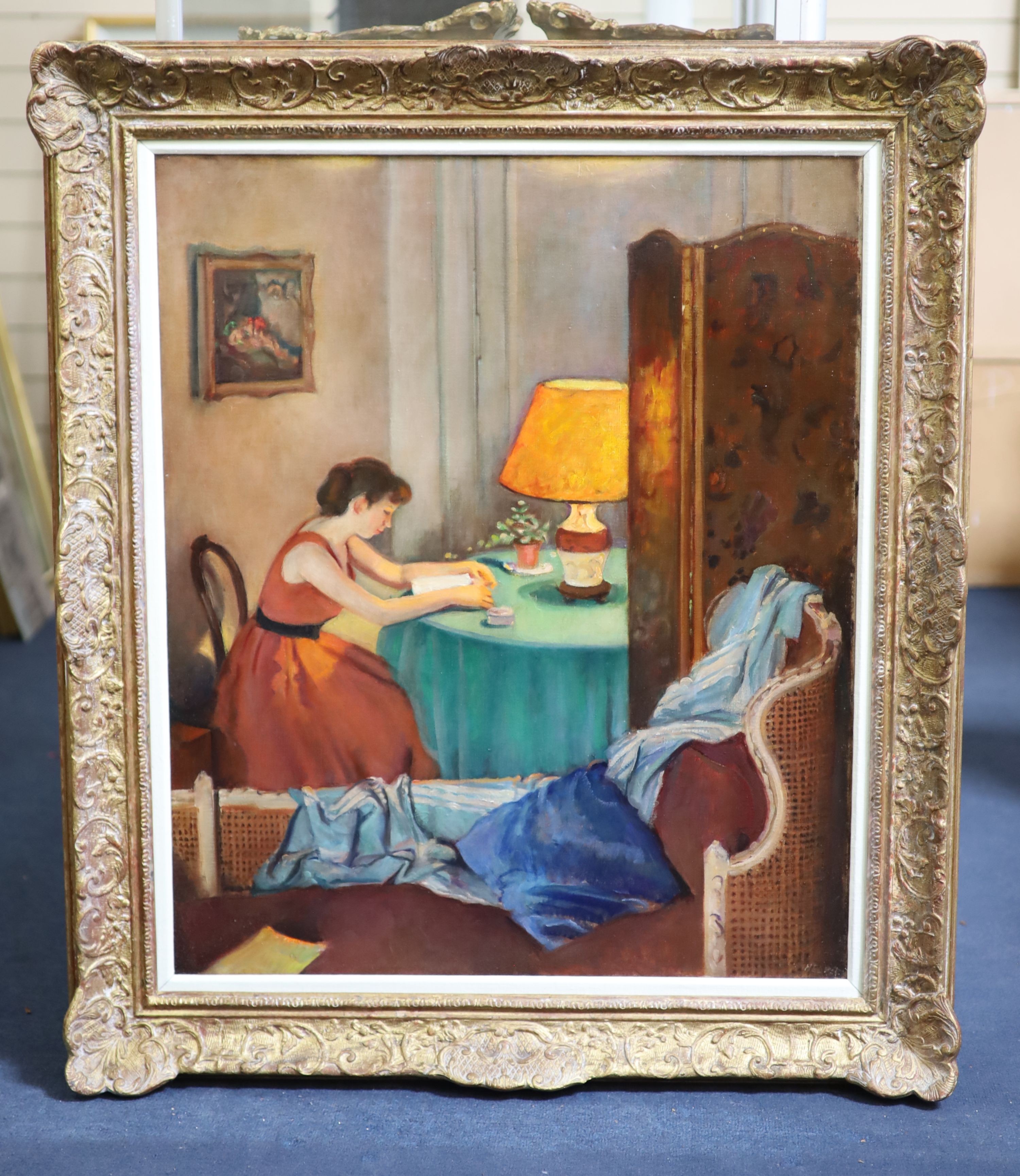 Francis William Helps (1890-1972), Interior with woman reading, Oil on canvas, 76 x 63cm.
